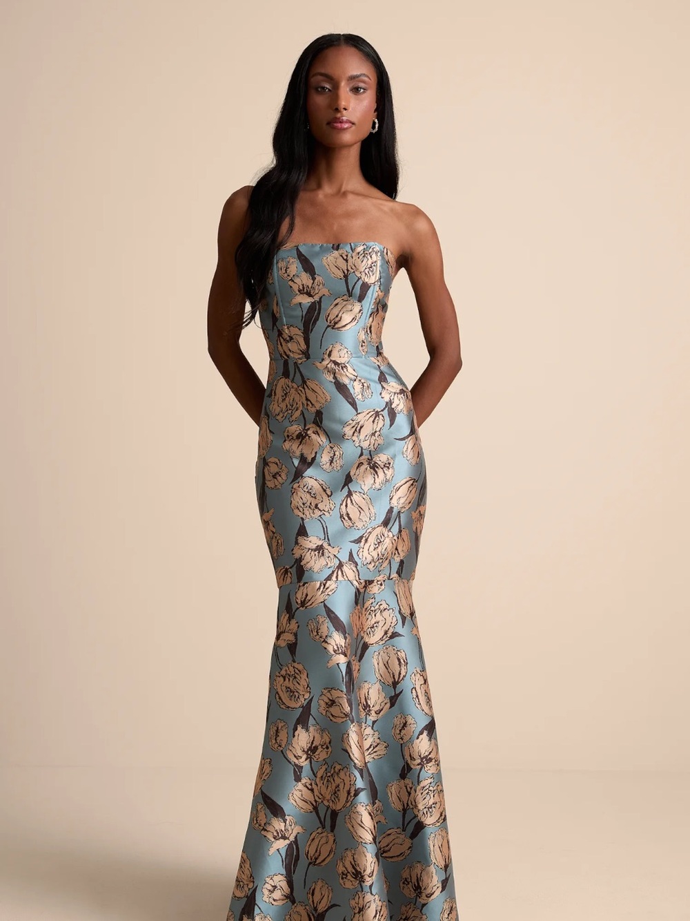 Lulu's Blue Gowning Around Strapless Floral Jacquard Maxi Gown with Gold Print
